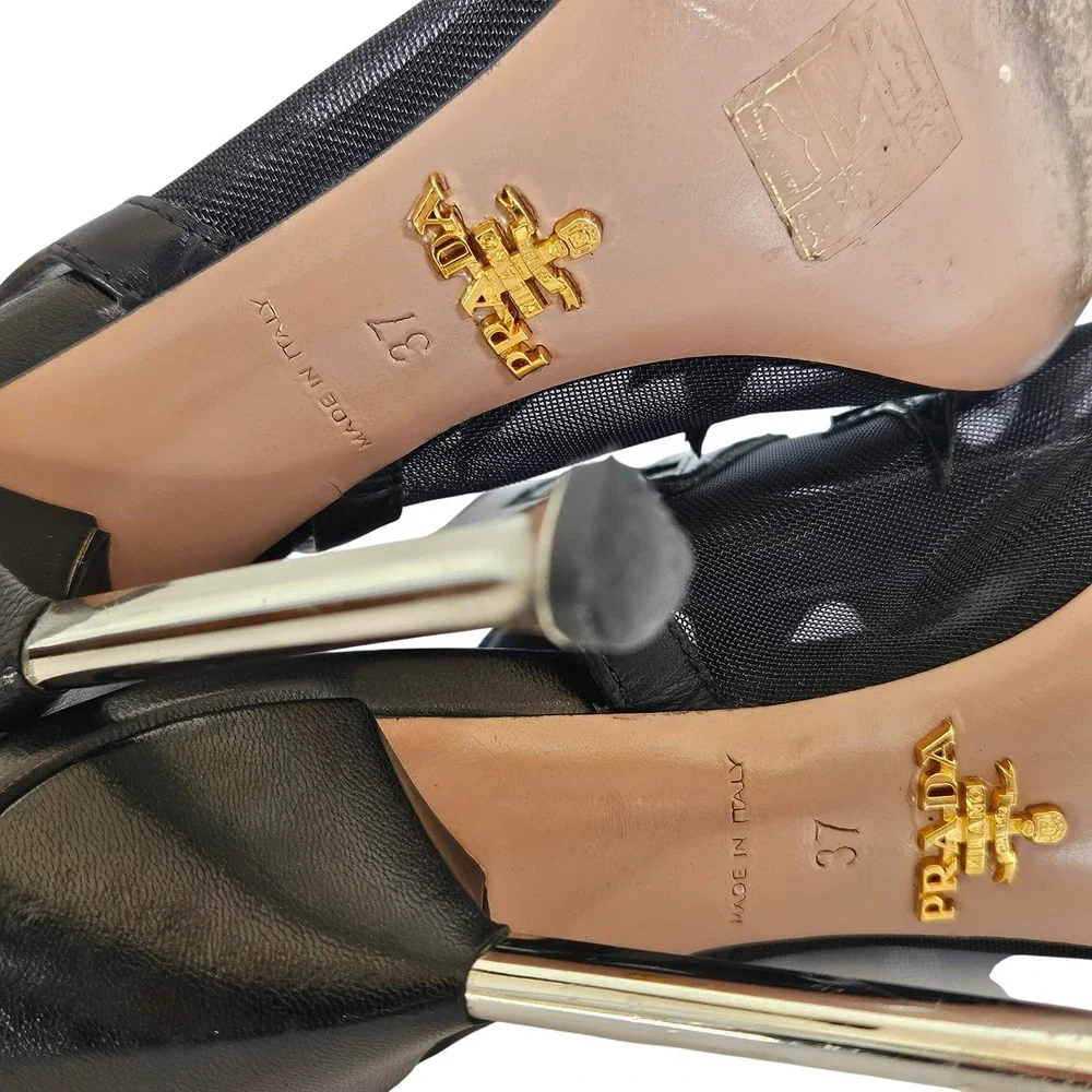 PRADA Black Leather Lightning Bolt Mesh Accents‎ Slingback Pumps Size 6.5 | 37